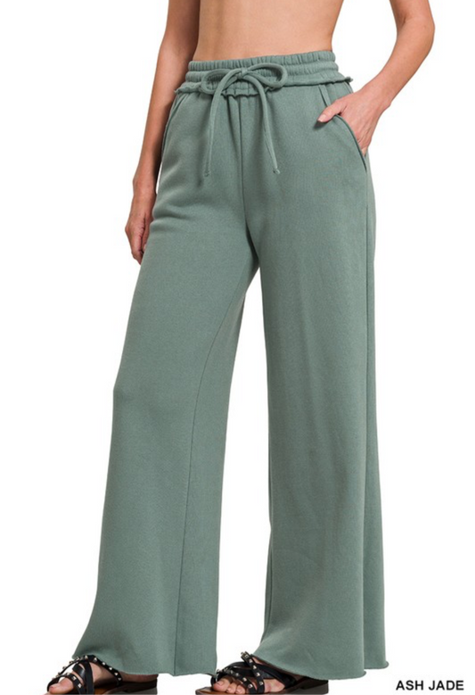 Zenana-Comfy Lounge Raw Hem Wide Leg Sweats(More Colors)